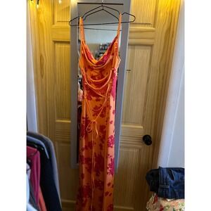 Floral Cowl Neck Maxi Dress Orange Pink Lace Up Back Summer Slip Dress Size L